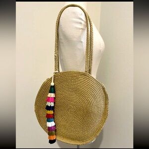 Large Circular Raffia Purse with long Colorful Tassel